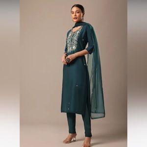 Indian Wedding Guest - Blue Chanderi Embroidered Kurta Set With Organza Dupatta